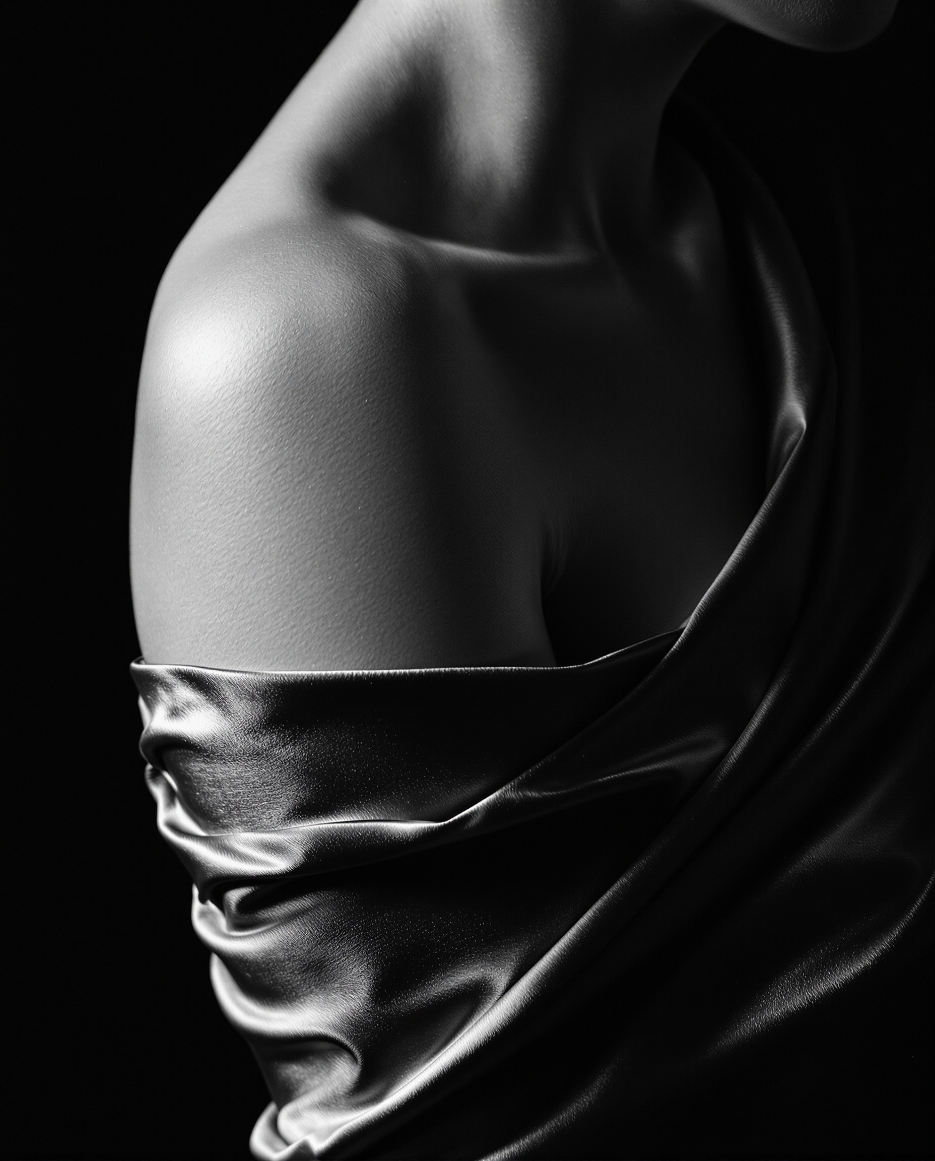 An abstract black-and-white study of a satin-draped shoulder in sculptural light
