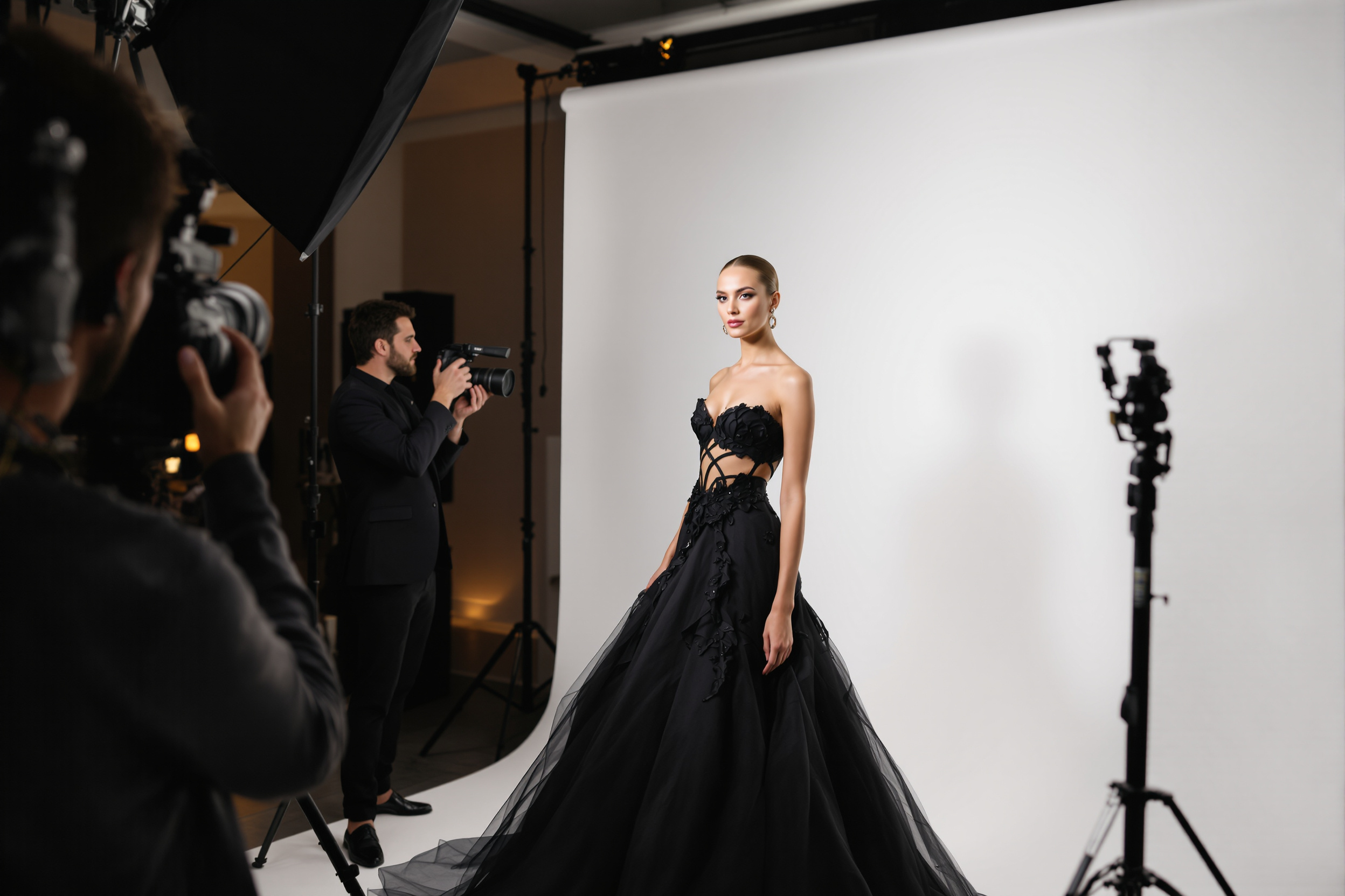 Behind the scenes of an editorial fashion shoot with photographer, model and stylist at work