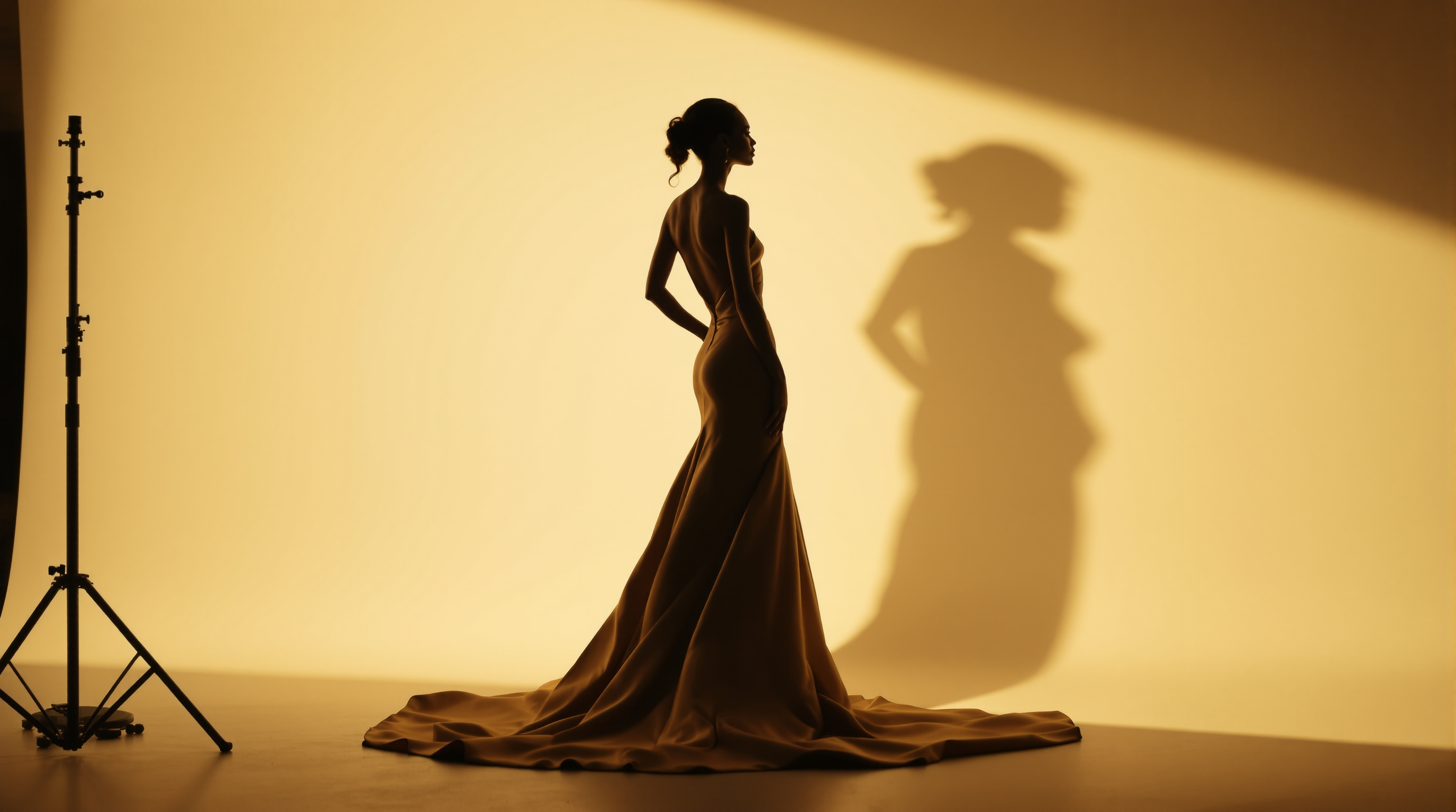 A gowned figure in elegant silhouette against a single soft studio light