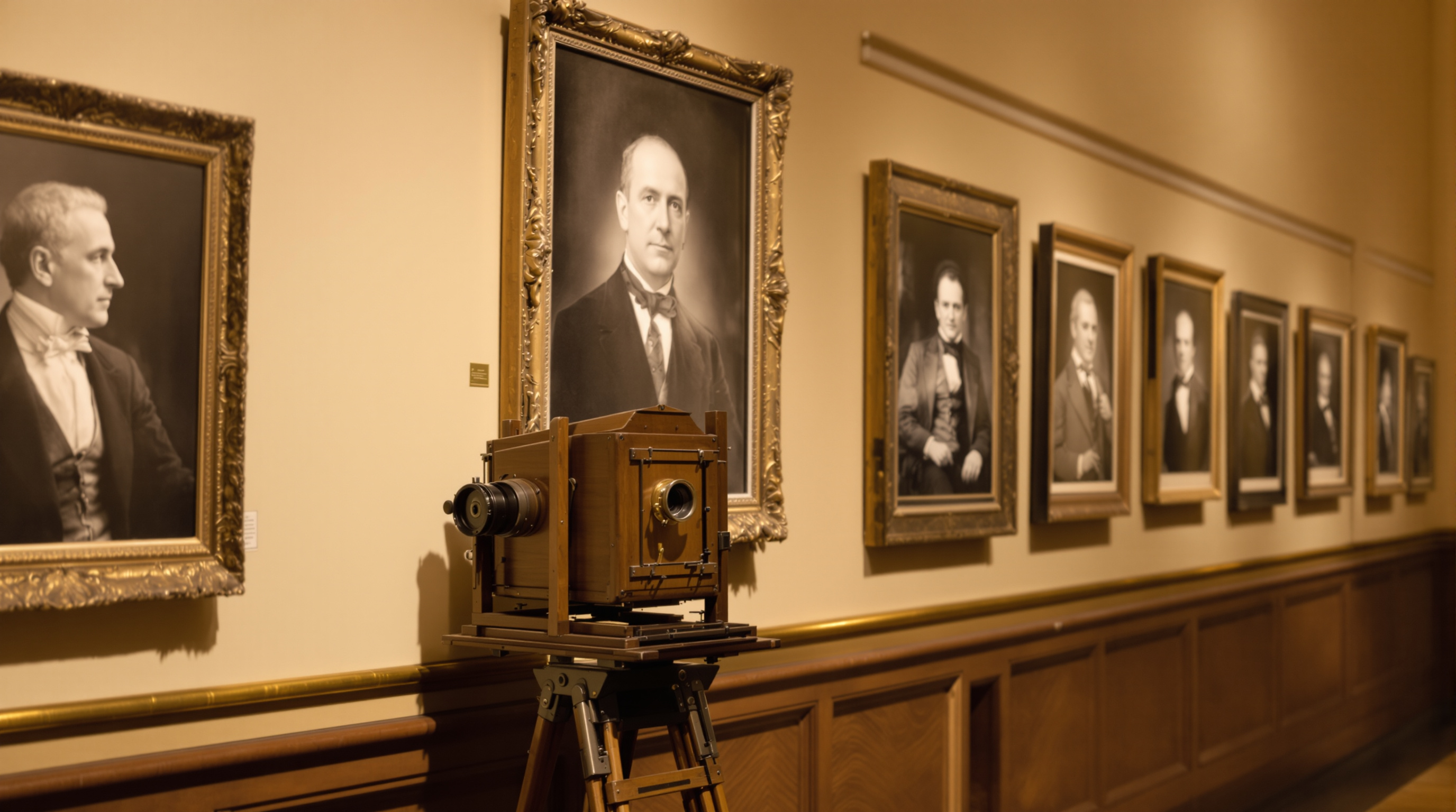 A vintage large-format camera before a gallery wall of framed monochrome portraits