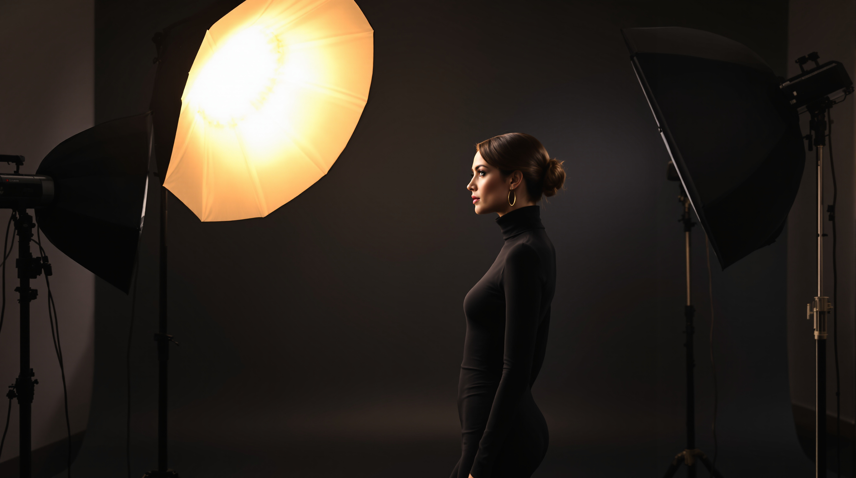 A studio lighting setup with softbox and beauty dish lighting a clothed subject in profile
