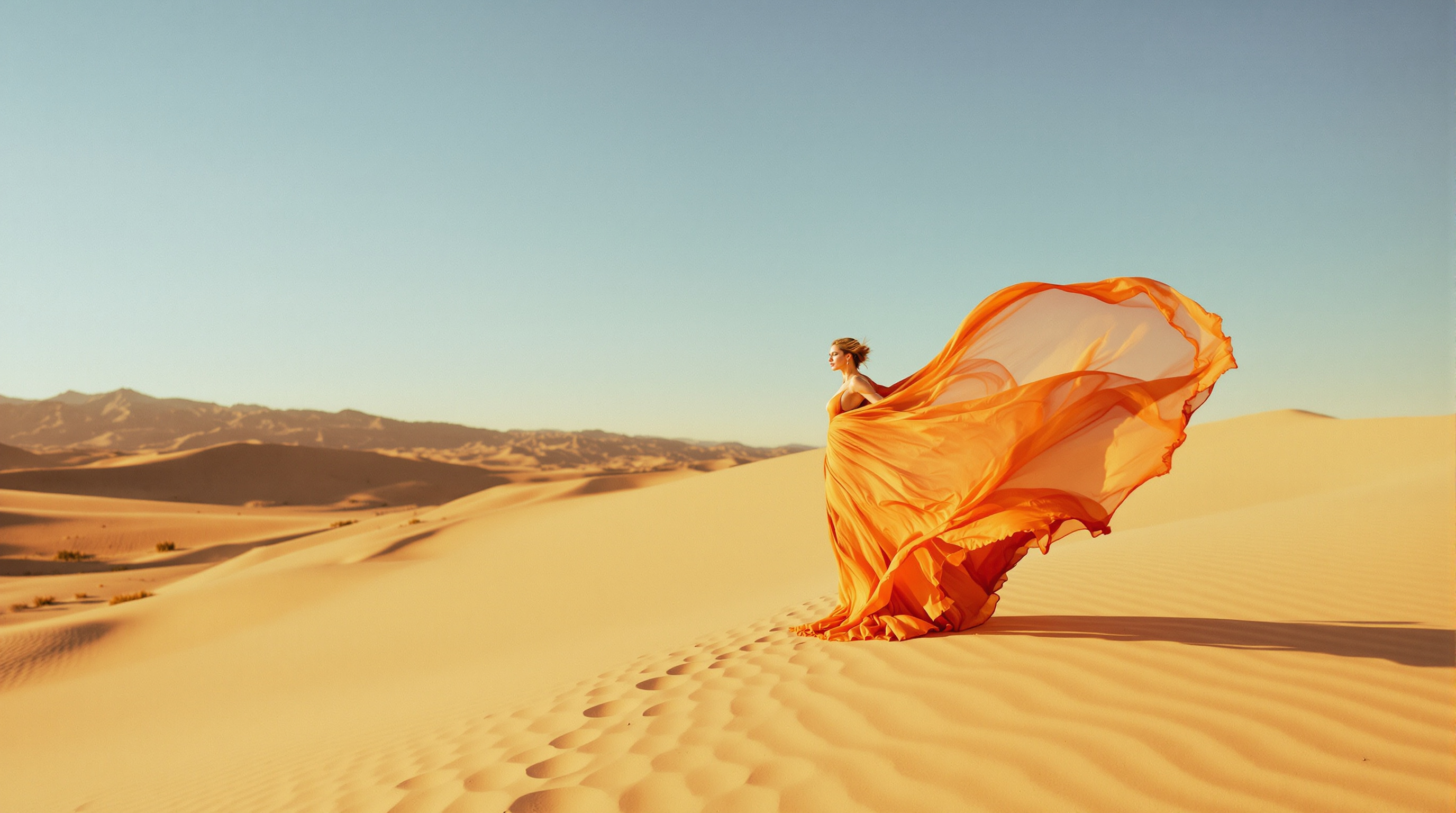 A woman in a flowing dress on a desert dune at golden hour, figure in the landscape