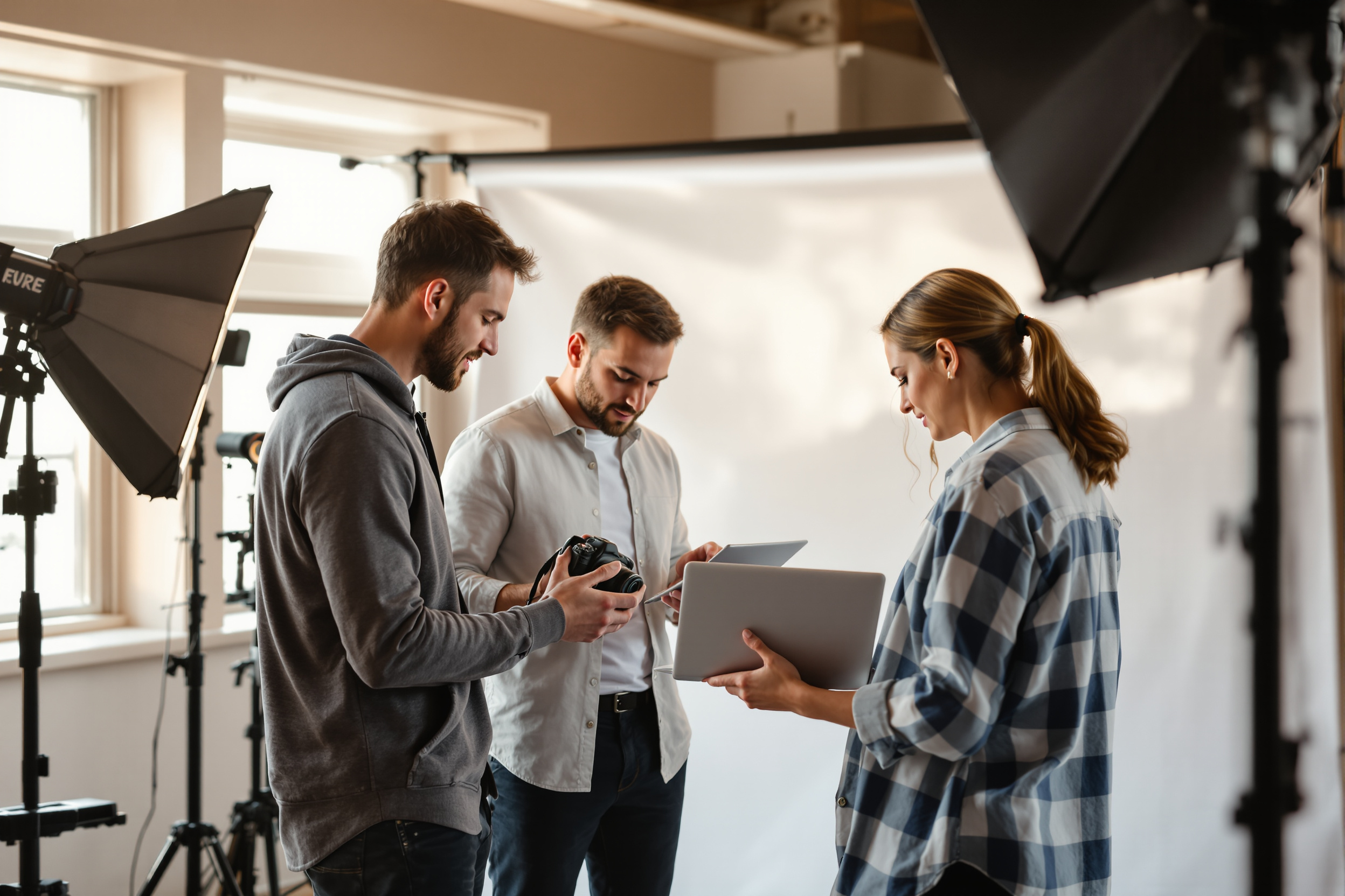 A photographer and model reviewing images together on set, a collaborative and respectful moment