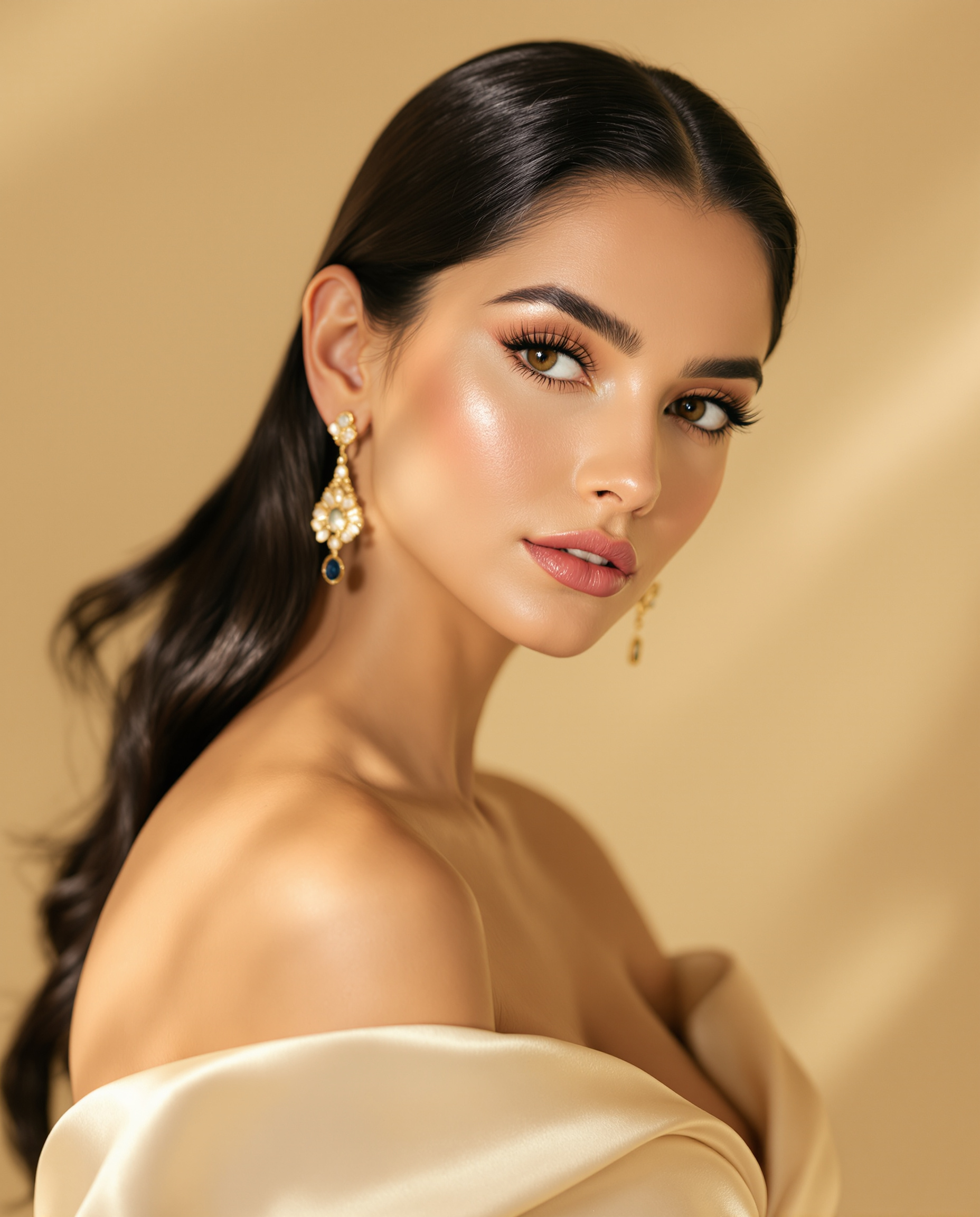 A softly lit fine-art beauty portrait of a woman with classic glamour styling