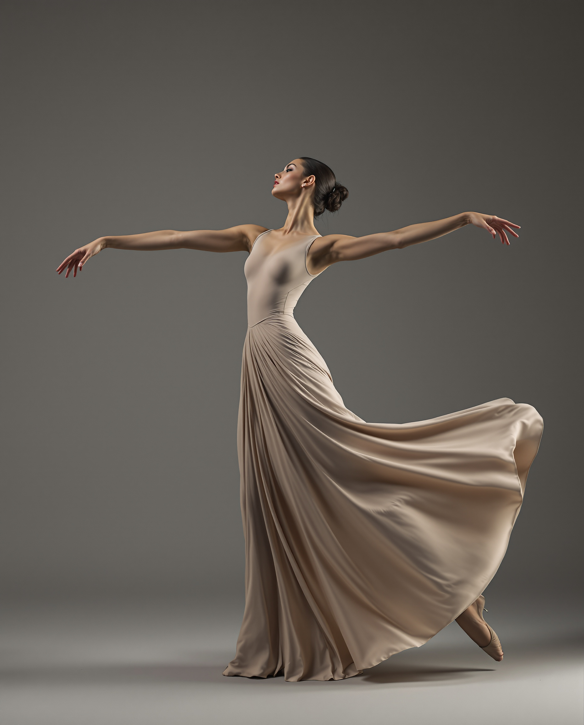 A dancer posed in graceful contrapposto in a studio, emphasizing the line of the body